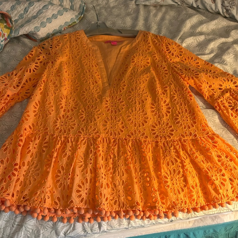 Lilly Pulitzer cotton Orange Eyelet Women Top large NEW